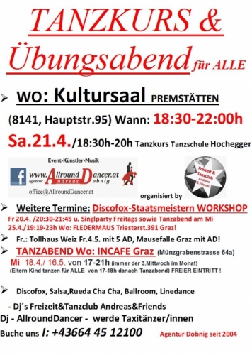 Tanzkurs Sa 21.4. um 18.30 Tanzschule Hochegger Premstätten und vieles Workshop mit d.österr.Discofox Staatsmeistern Fledermaus
